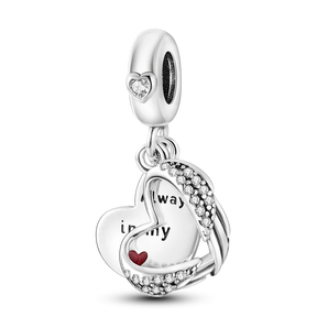 925 Sterling Silver Always In My Heart Angel Wings Charm