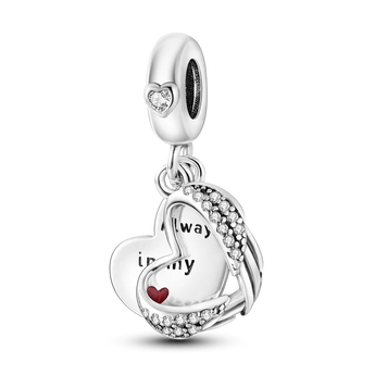 925 Sterling Silver Always In My Heart Angel Wings Charm