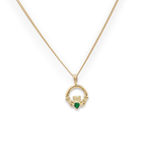 9ct Gold Emerald Cubic Zirconia Claddagh Pendant Necklace