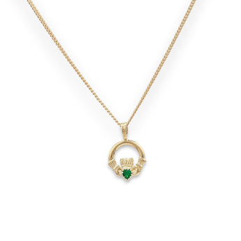 9ct Gold Emerald Cubic Zirconia Claddagh Pendant Necklace