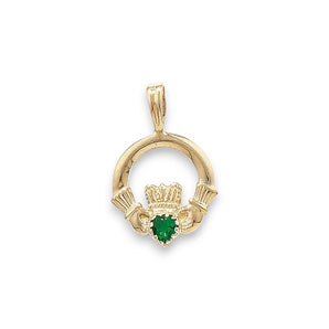 9ct Gold Emerald Cubic Zirconia Claddagh Pendant Necklace