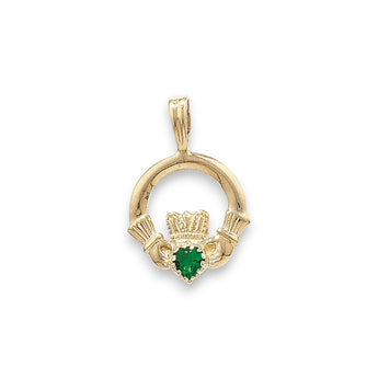 9ct Gold Emerald Cubic Zirconia Claddagh Pendant Necklace