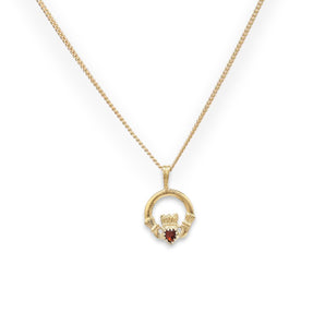 9ct Gold Ruby Cubic Zirconia Claddagh Pendant Necklace