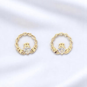 9ct Gold Cubic Zirconia Claddagh Earrings