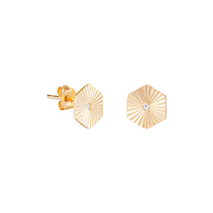 14ct Gold Plated Hexagon Sunburst Stud Earrings, 925 Sterling Silver