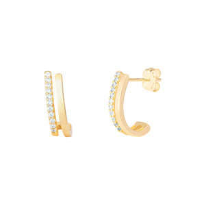 9ct Gold Double Hoop Curved Drop Earrings with Cubic Zirconia's