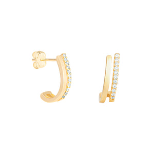 9ct Gold Double Hoop Curved Drop Earrings with Cubic Zirconia's
