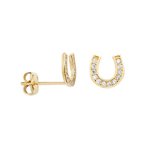 9ct Gold Lucky Horseshoe Stud Earrings with Cubic Zirconia's