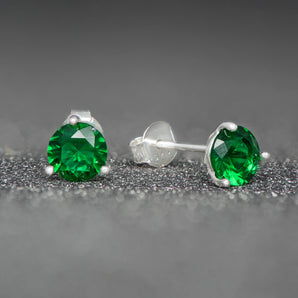 May Birthstone - Emerald CZ Silver Stud Earrings
