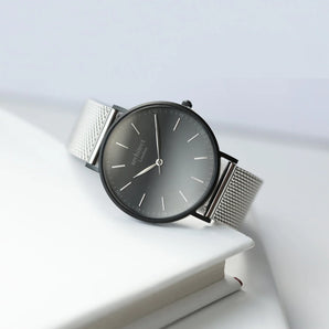 Men's Personalised Minimalist Watch with Steel Silver Mesh Strap - Handwriting Engraving
