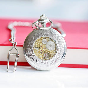 Modern Font Engraved Roman Skeleton Pocket Watch