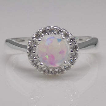 Halo Opal and Cubic Zirconia Silver Ring