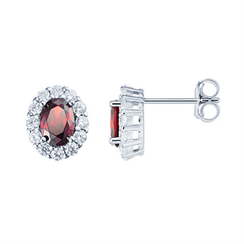 Oval Halo Ruby CZ Silver Earrings