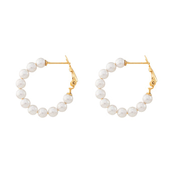 18ct Gold Plated Pearl Beaded Hoop Earrings, 925 Sterling Silver