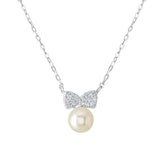 Pearl and Cubic Zirconia Silver Bow Necklace