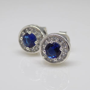 Round Sapphire Cubic Zirconia Silver Stud Earrings