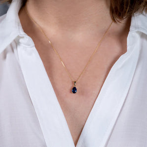 9ct Gold Sapphire Cubic Zirconia Pear Drop Pendant Necklace