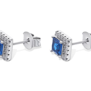 Princess Cut Sapphire Cubic Zirconia Halo Silver Earrings